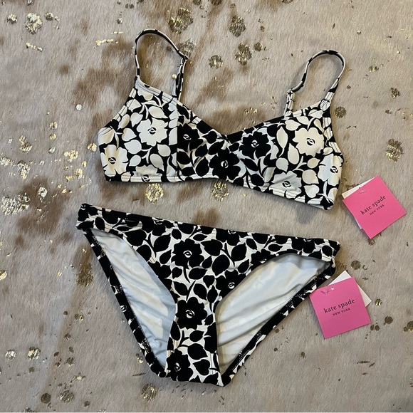 NWT Kate Spade XS Black And White Rose Two Piece Bikini - Picture 1 of 9